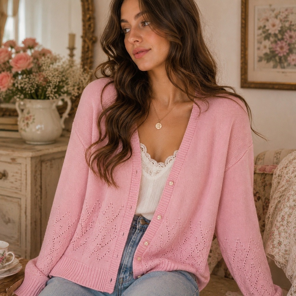Vintage‎ Cottagecore Coquette Grandmacore Pointelle Pink Cardigan Sweater USA